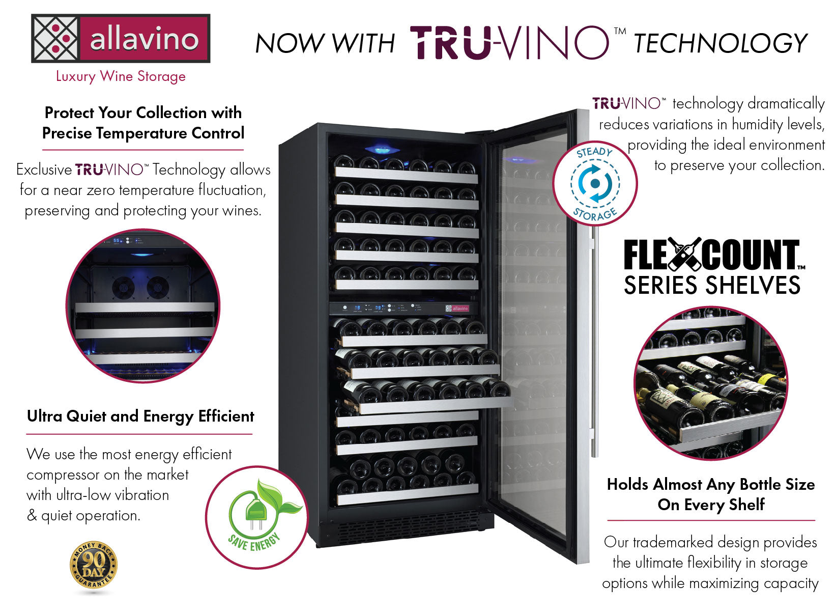 47" Wide FlexCount II Tru-Vino 242 Bottle Four Zone Stainless Steel Side-by-Side Wine Refrigerator