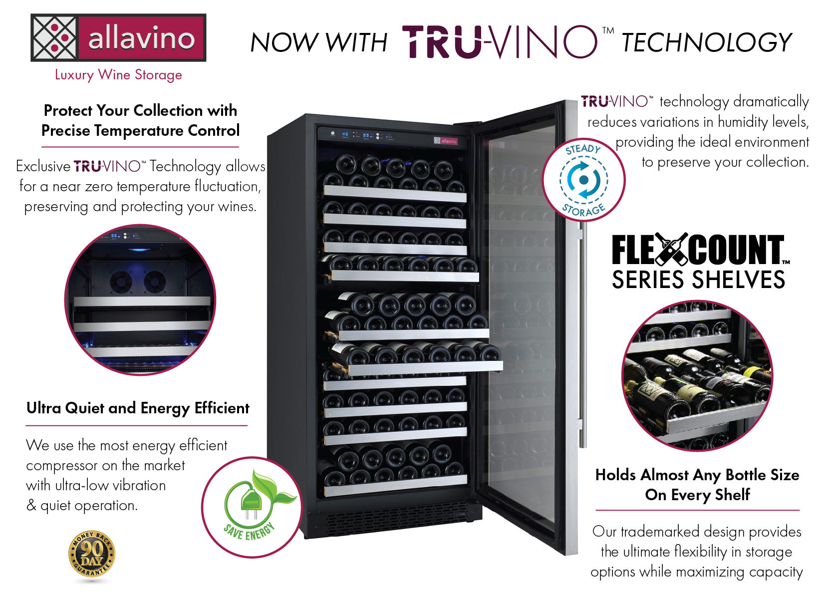 47" Wide FlexCount II Tru-Vino 256 Bottle Dual Zone Stainless Steel Side-by-Side Wine Refrigerator