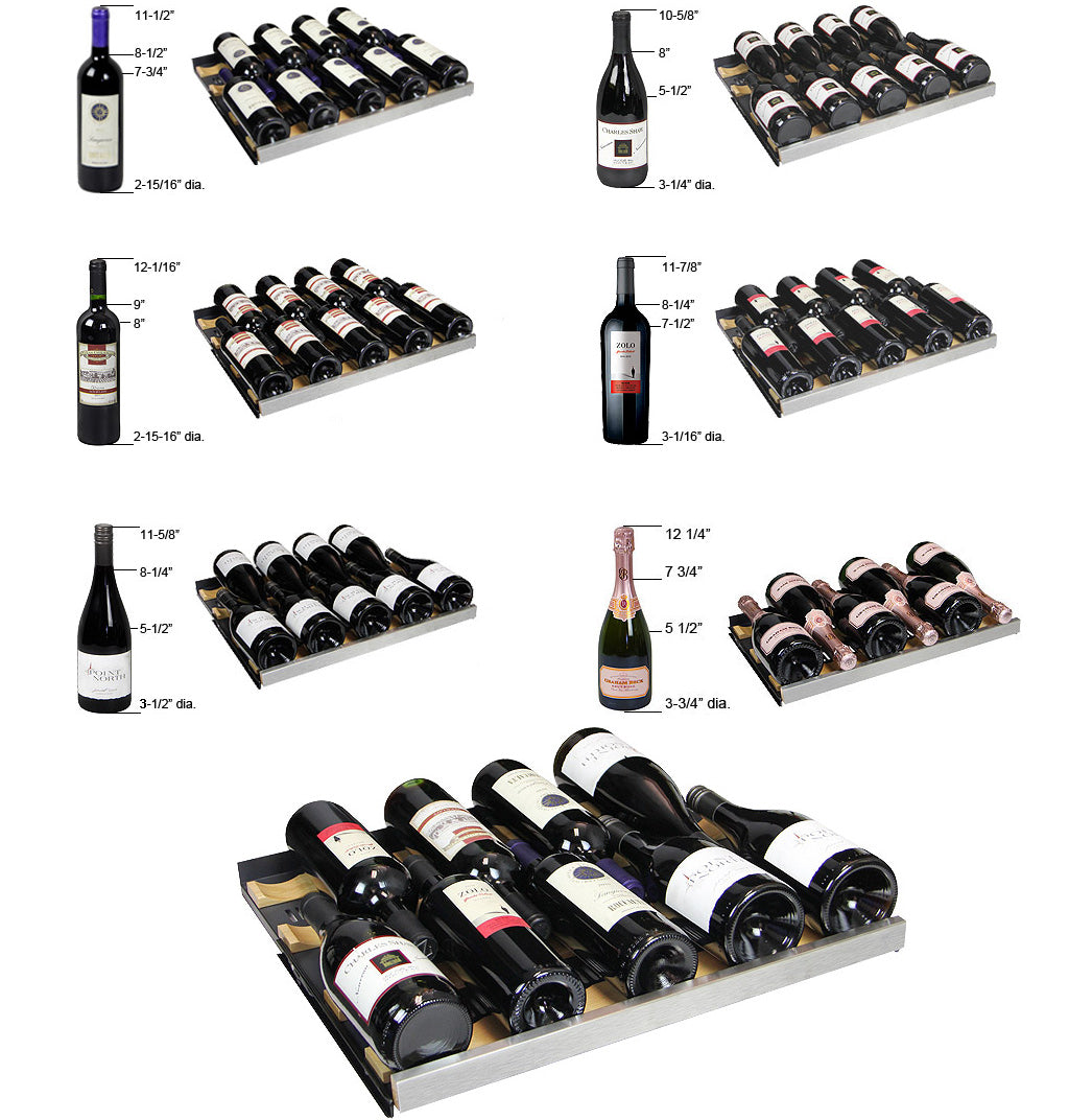 Wide FlexCount II Tru-Vino 172 Bottle Dual Zone Stainless Steel Left Hinge Wine Refrigerator